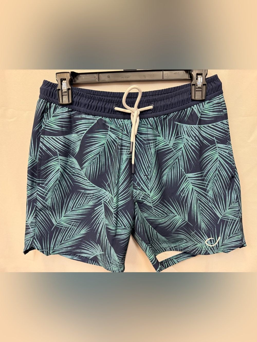 Men's Navy Swim Trunks with Mint Palm Print and Drawstring